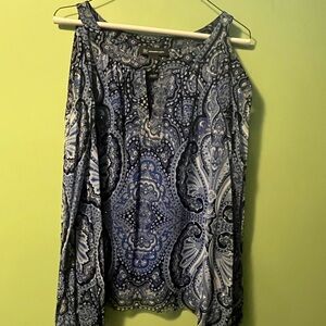 INC International Concepts Cold Shoulder Blue and White Paisley Blouse